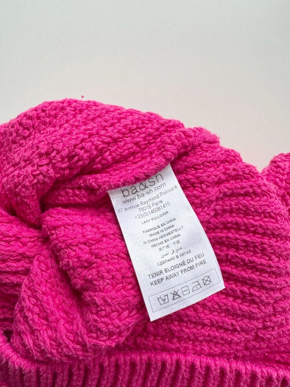 BA&SH Dabney Fuchsia Pink Cotton Knit Ribbed Puff Sleeve Sweater, Size L - Picture 15 of 16